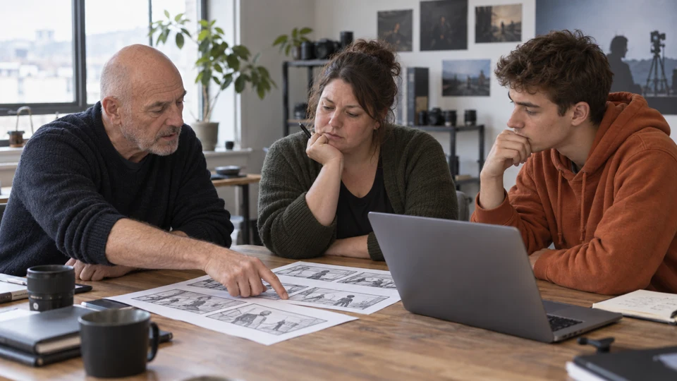 Reunión creativa conceptual con un profesional senior, una mujer y un joven con sudadera naranja