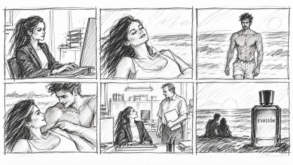 Storyboard de Evasión en blanco y negro, con bocetos a lápiz de trazos sueltos e irregulares